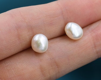 Keshi Pearls Drop Stud Earrings in Sterling Silver, Baroque Pearl, Genuine Freshwater Pearls Earrings, Simple and Minimalist, Contemporary