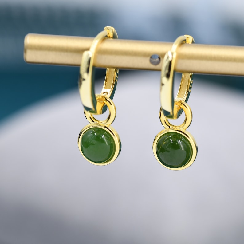 Sterling Silver Dangling Jade Hoop Earrings, Detachable Genuine Green Jade Coin Charm Dangle Hoop Earrings, Silver or Gold, Interchangeable zdjęcie 2