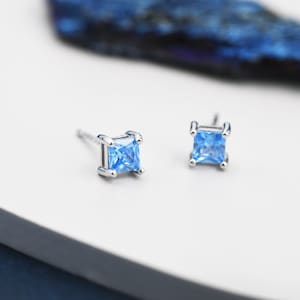 Princess Cut Aquamarine Blue CZ Stud Earrings in Sterling Silver,  Square Cut Crystal Earrings, Lilac Purple CZ,  March Birthstone