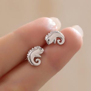 Chameleon Stud Earrings in Sterling Silver, Lizard Stud, Cute Animal Earrings, Nature Inspired Earrings