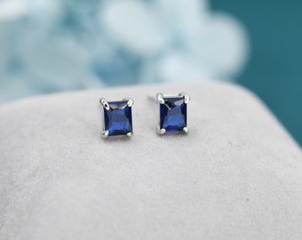 Emerald Cut Sapphire Blue CZ Stud Earrings in Sterling Silver,  Silver or Gold, Square Cut Crystal Earrings, September Birthstone