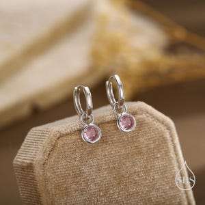 October Birthstone Tourmaline Pink Crystal Drop Hoop Earrings in Sterling Silver, Detachable Dangle Earrings, Silver, Gold, Rose Gold