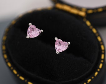 Tiny Tourmaline Pink CZ Heart Stud Earrings in Sterling Silver, Silver or Gold,  CZ Crystal Heart Earrings, Stacking Earrings