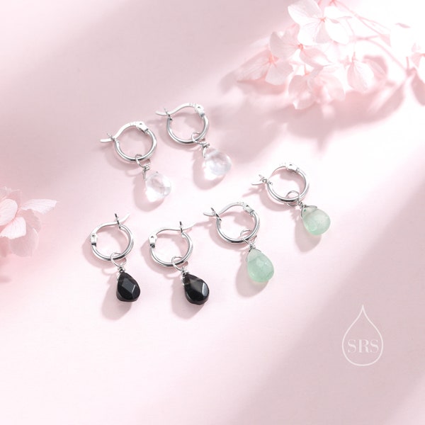 Natural Faceted Crystal Huggie Hoop Earrings in Sterling Silver,  Available in Three Stones, Aventurine Jade, Black Onyx and Clear Quartz