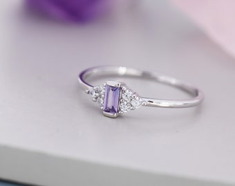 Vintage Inspired Lilac Purple CZ Ring in Sterling Silver, Baguette Ring, Silver or Gold, Delicate Sapphire Ring, Size US 5 - 8