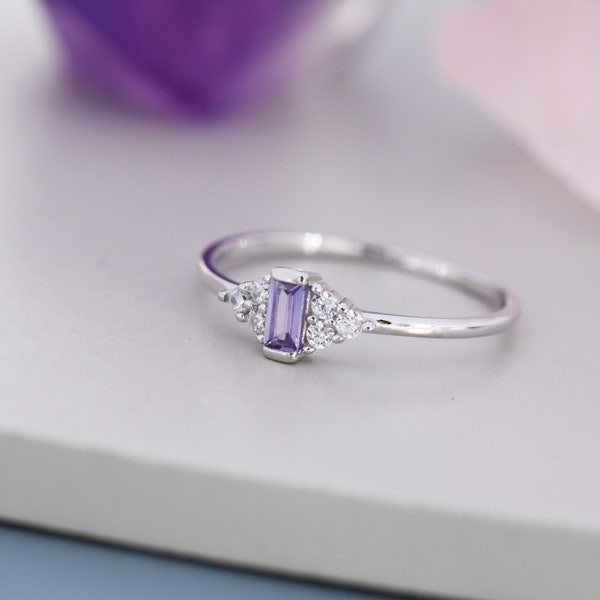 Vintage Inspired Lilac Purple CZ Ring in Sterling Silver, Baguette Ring, Silver or Gold, Delicate Sapphire Ring, Size US 5 - 8