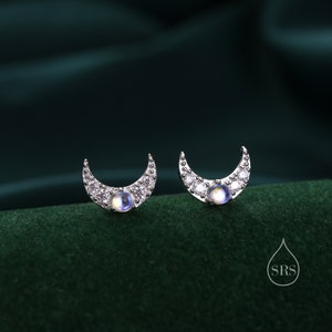 Cresent Moon with Moonstone Stud Earrings in Sterling Silver, Also in Opal, Moon Earrings, Moon Stud, Celestial Moon Earrings