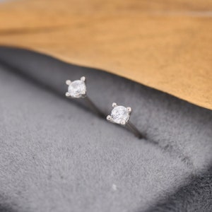 Extra Tiny CZ Stud Earrings in Sterling Silver, Barely Visible Stud Earrings, 2mm Crystal Earrings, Tiny Crystal Earrings zdjęcie 3
