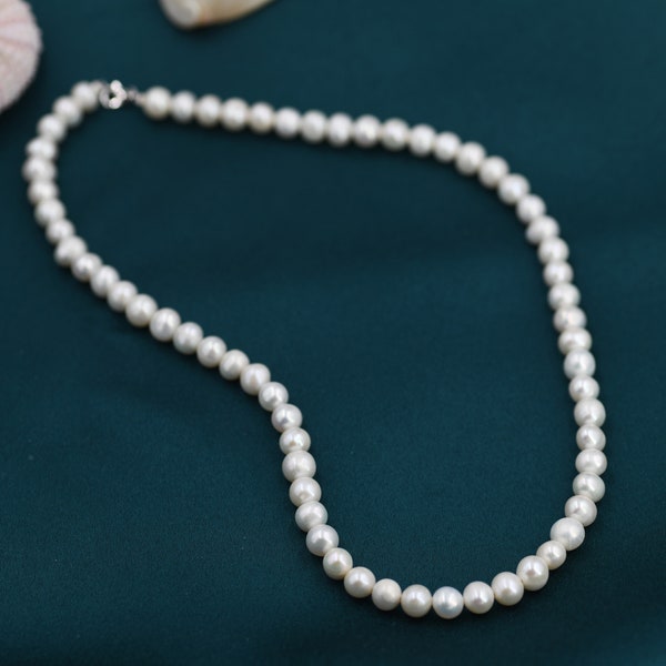 Genuine Freshwater Pearl Necklace in Sterling Silver, Slightly Irregular Shape Round Fresh Water Pearl Necklace, Men or Women, Unisex