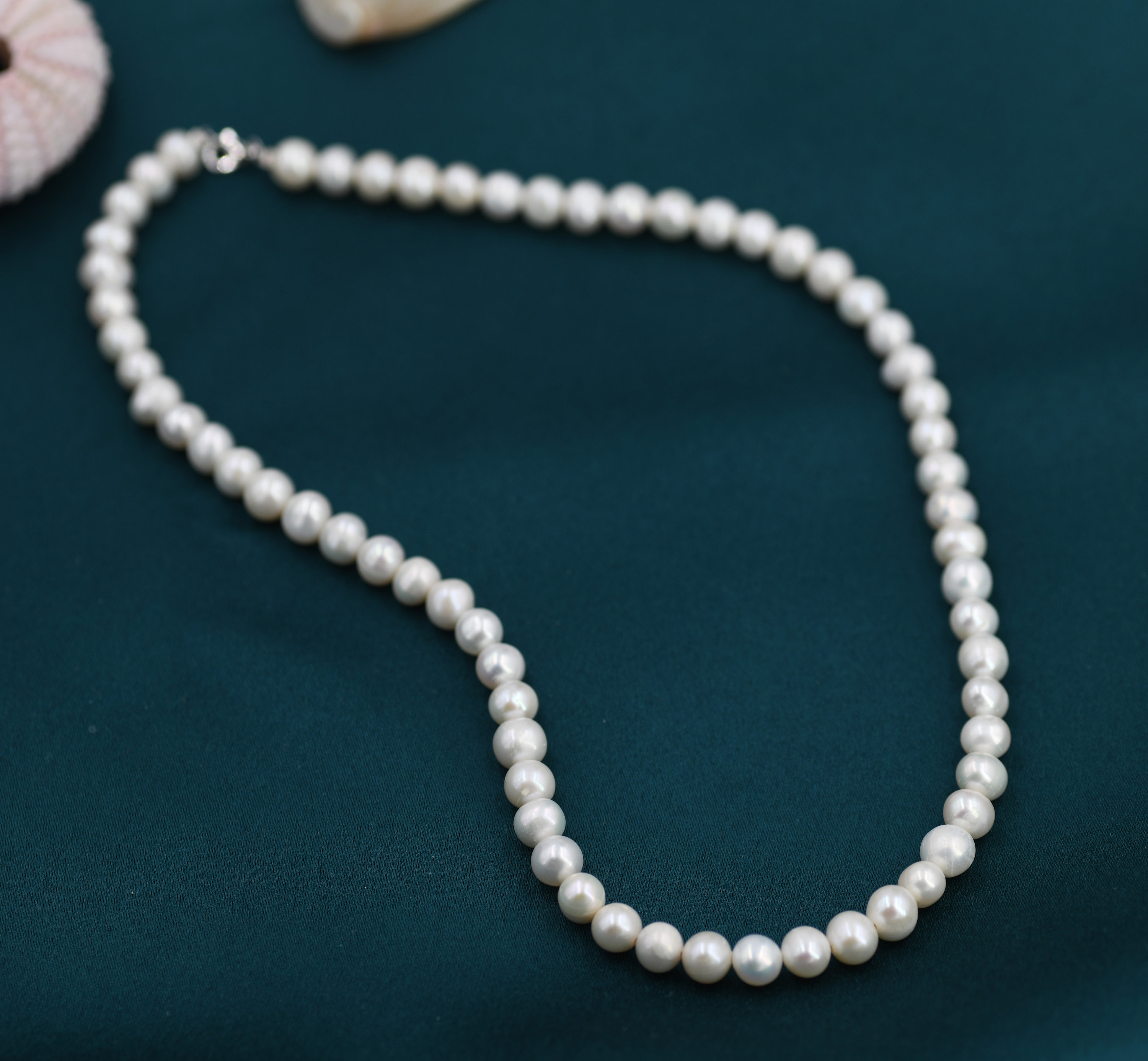 Genuine Freshwater Pearl Necklace in Sterling Silver, Slightly Irregular Shape Round Fresh Water Pearl Necklace, Men or Women, Unisex