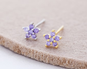 Tiny Lilac Purple CZ Flower Stud Earrings in Sterling Silver, Silver or Gold, Amethyst Crystal Flower Earrings, Stacking Earrings