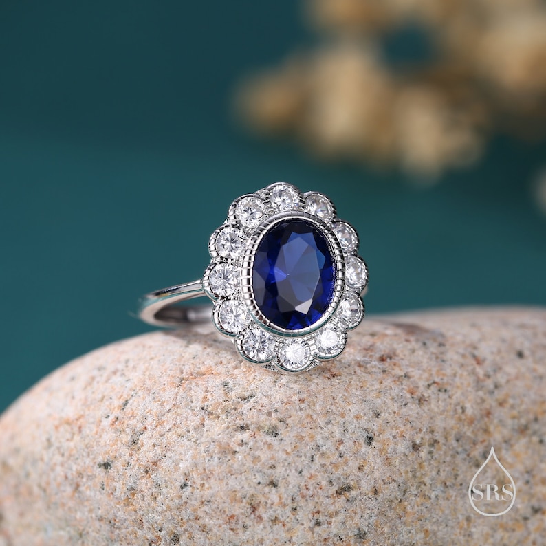 Sterling Silver Vintage Inspired Sapphire Blue CZ Ring, Adjustable Size