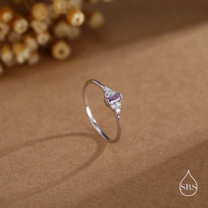 Puede incluir: Un anillo de plata con una peque&ntilde;a piedra preciosa rectangular de color p&uacute;rpura rodeada de peque&ntilde;as piedras preciosas transparentes. El anillo est&aacute; colocado sobre un fondo marr&oacute;n.