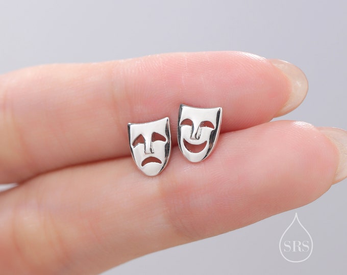 Theatre Mask Stud Earrings in Sterling Silver, Silver or Gold or Rose Gold, Asymmetric Comedy Tragedy Earrings, Mismatched Mask Earrings