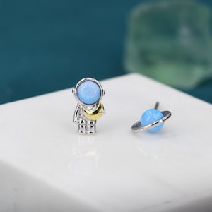 Mismatched Astronaut and Planet Stud Earrings in Sterling Silver, Asymmetric Planet and Spaceman Earrings with Blue Opal, Cute and Fun image 4