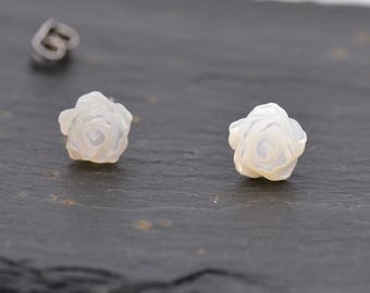 Hand Carved Mother of Pearl Rose Flower Design Stud Earrings in Sterling Silver - Dainty and Pretty D91