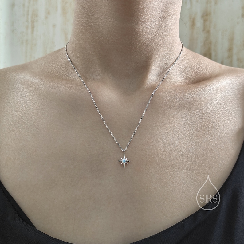 Tiny North Star Pendant Necklace in Sterling Silver with Blue Opal, Silver or Gold or Rose Gold, Starburst Necklace, Tiny Opal Star Necklace zdjęcie 1