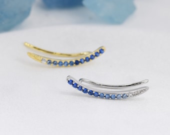 Ombre Sapphire Blue CZ Crawler Earrings in Sterling Silver, Silver or Gold, Gradient Colour Ear Crawlers, September Birthstone Ear Climbers