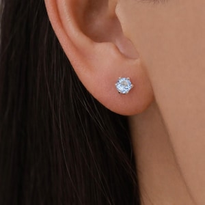 Genuine Sky Blue Blue Topaz Stud Earrings in Sterling Silver, Trillion Cut Natural  Blue Topaz Earrings, Double Pronged