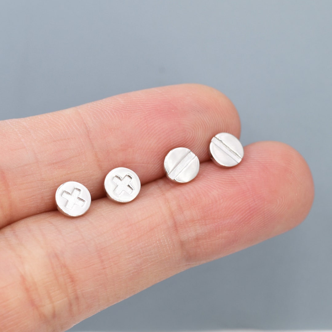 Screw Stud Earrings in Sterling Silver, Silver Gold or Rose Gold, Cross