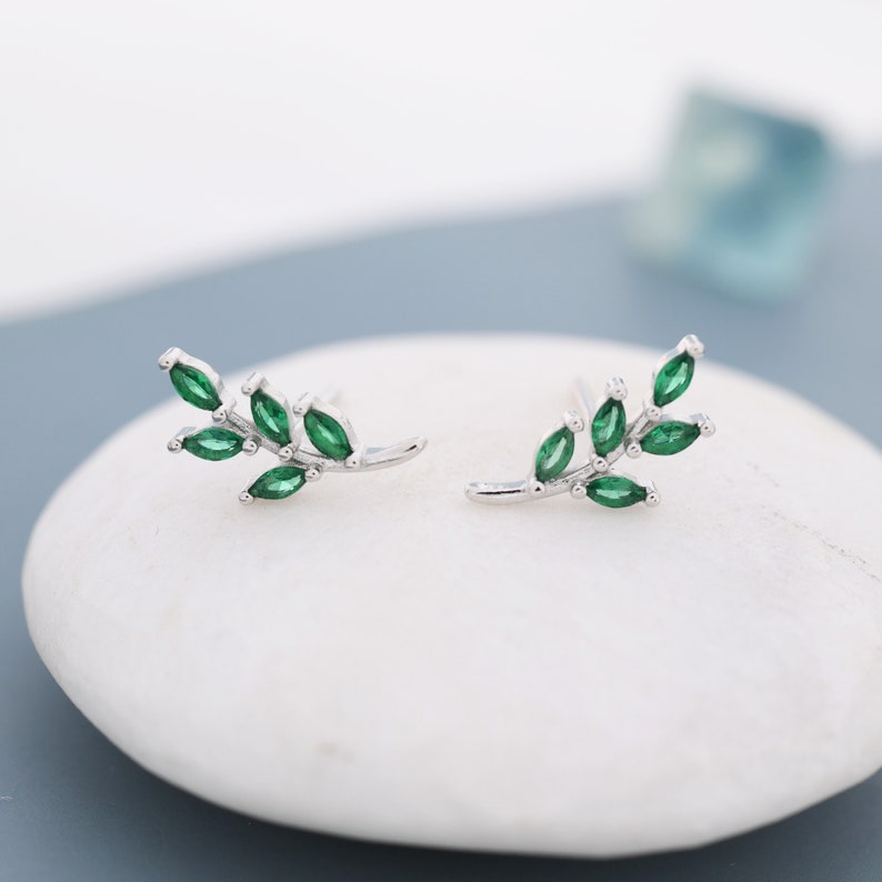 Emerald Green Leaf Stud Earrings in Sterling Silver, Silver or Gold, Olive Branch Earrings, Olive Leaf Earrings, Nature Inspired image 1