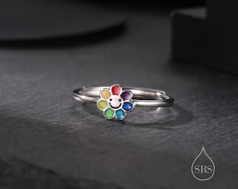 Bague en argent sterling avec jolie petite fleur souriante, taille réglable, jolis bijoux en forme de fleur arc-en-ciel, délicate et délicate, bague fleur