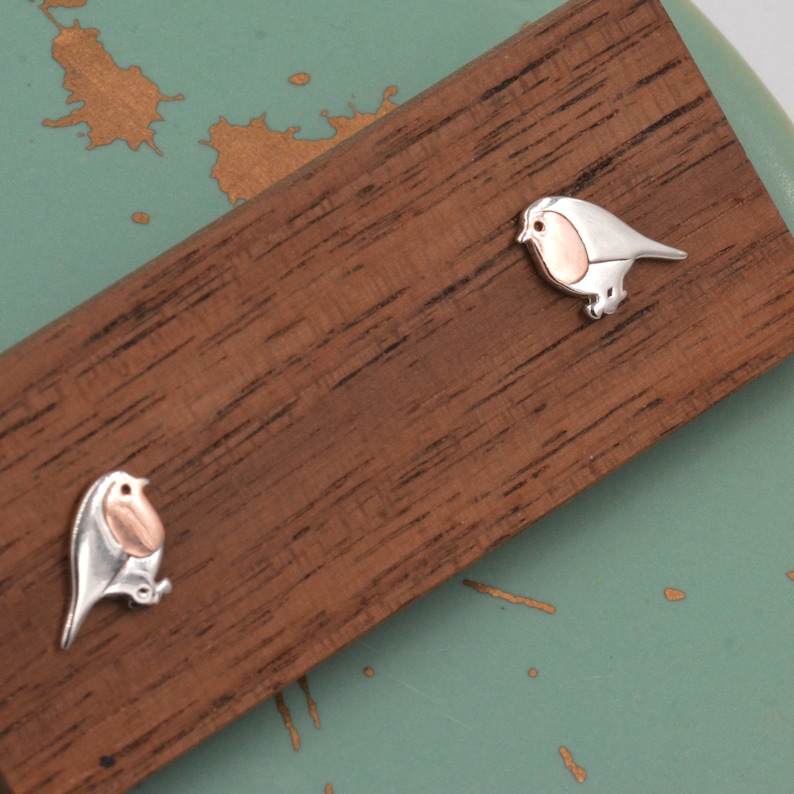 Robin Stud Earrings in Sterling Silver, Silver Bird Earrings, Silver and Rose Gold, Nature Inspired zdjęcie 7
