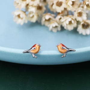 Op de afbeelding: Een paar oorstekers in de vorm van vogels. Elke oorbel heeft een zilverkleurige basis met een kleurrijk vogelontwerp. De vogels hebben oranje, rode en grijze details. De oorbellen staan tegen een lichtblauwe achtergrond.