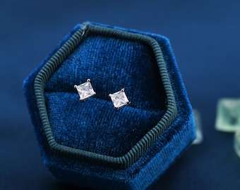 Princess Cut CZ Stud Earrings in Sterling Silver,  Square Cut Crystal Earrings, Diamond CZ, April Birthstone