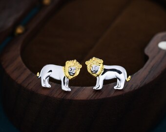 Tiny Little Lion Stud Earrings in Sterling Silver - Two Tone Gold and Silver Earrings - Cute Animal Earrings -  Fun, Whimsical