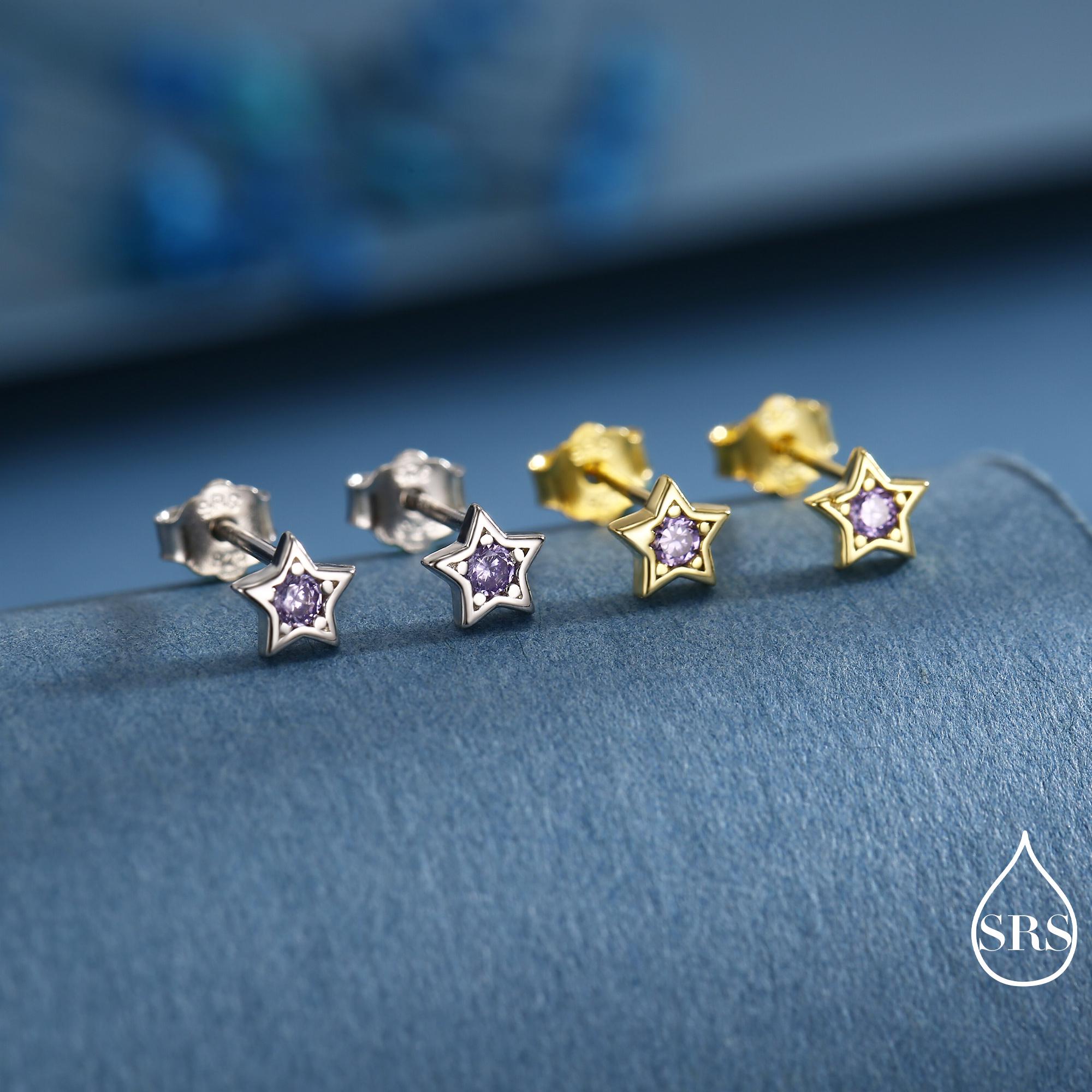 Tiny Amethyst Purple CZ Star Stud Earrings in Sterling Silver 