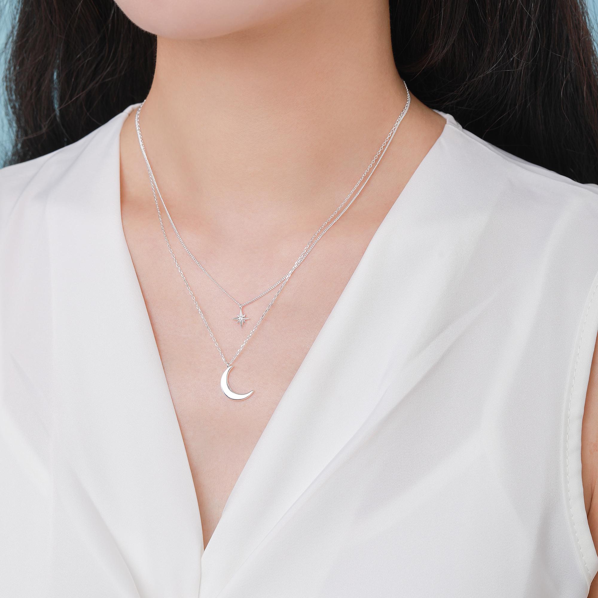Two Layer Crescent Moon and Star Pendant Necklace in Sterling
