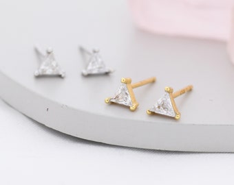 CZ Triangle Stud Earrings in Sterling Silver, Silver or Gold, Dainty Earrings,  Stacking Earrings, CZ Crystal Stud