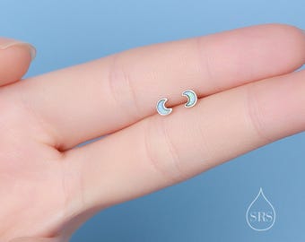Extra Tiny Opal Moon Stud Earrings in Sterling Silver - Blue Opal or White Opal - Gold or Silver - New Moon Earrings - Petite Stud Earrings