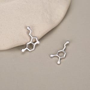 May include: A pair of silver-coloured metal earrings shaped like chemical molecular structures. Each earring features a hexagonal ring connected to a short chain-like segment with rounded ends, reflecting a polished, smooth, and reflective surface finish.