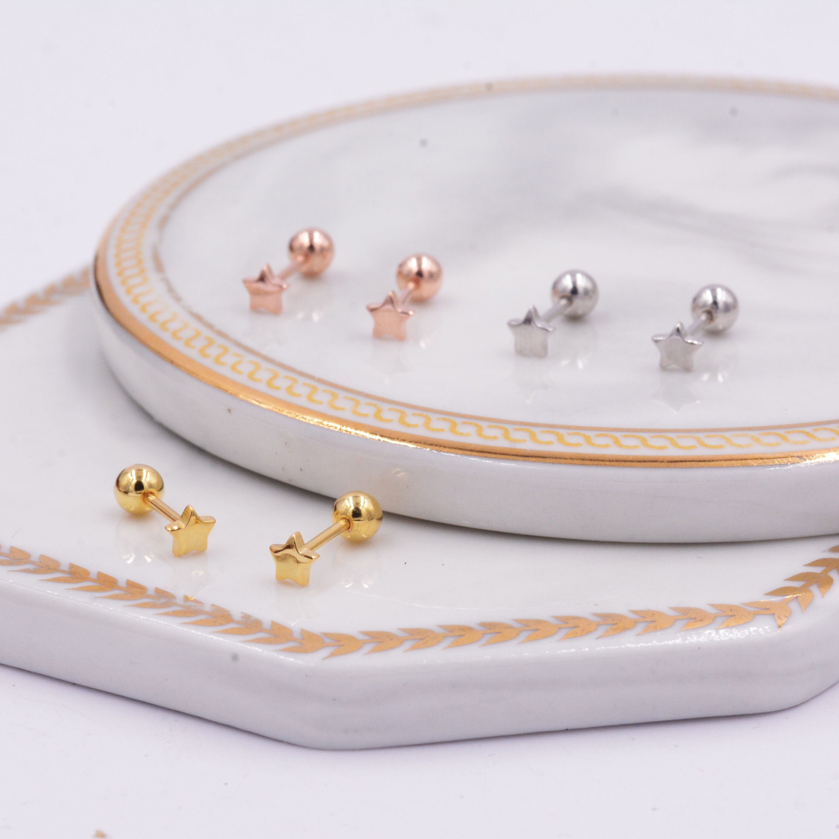Small Pair of Star Stud Earrings in Sterling Silver, Rose Gold and Si…