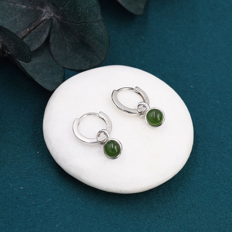 Sterling Silver Dangling Jade Hoop Earrings, Detachable Genuine Green Jade Coin Charm Dangle Hoop Earrings, Silver or Gold, Interchangeable zdjęcie 3