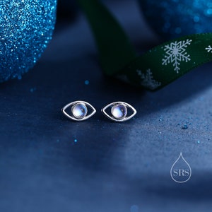 Moonstone Eye Stud Earrings in Sterling Silver, Opal Eye Earrings, Silver or Gold, Evil Eye Earrings, Blue Opal Eye Earrings