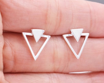 Sterling Silver Double Triangle Arrow Arrowhead Geometric Minimalist Stud Earrings, Silver, Gold or Rose Gold, Simple and Elegant Jewellery