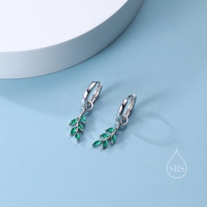 Sterling Silver Olive Leaf Huggie Hoops, Clear CZ or Green CZ, Dainty Leaf Detachable Hoops, Olive Branch Hoops