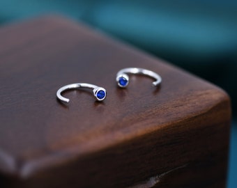 2mm Sapphire Blue CZ Huggie Hoop Earrings in Sterling Silver, Silver or Gold, Half Hoop, Open Hoop, Pull Through, September Birthstone