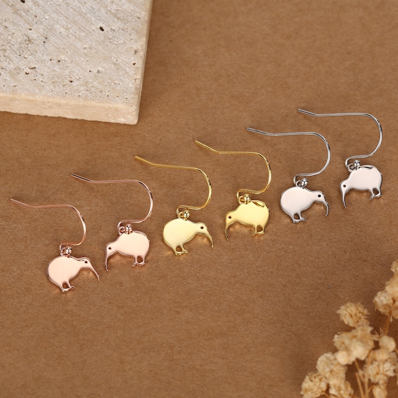 Kiwi Bird Drop Hook Earrings in Sterling Silver, Silver Gold or Rose Gold, Kiwi Bird Earrings image 4