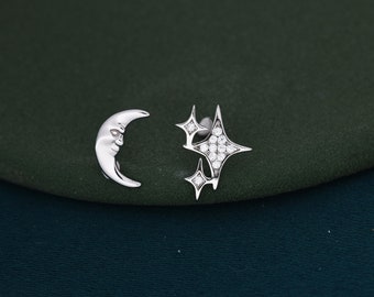 Mismatched Moon Face and Stars Stud Earrings in Sterling Silver, Asymmetric Moon and Star Fun Earrings
