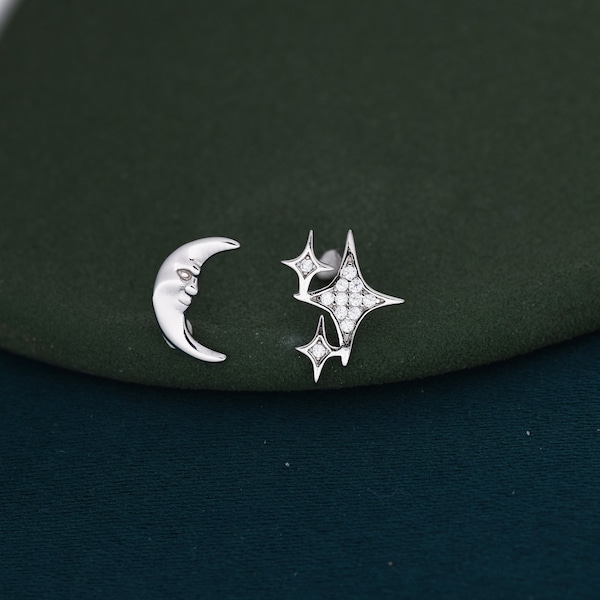 Mismatched Moon Face and Stars Stud Earrings in Sterling Silver, Asymmetric Moon and Star Fun Earrings