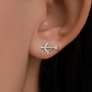 Bow and Arrow Stud Earrings in Sterling Silver, Silver or Gold or Rose Gold, Bow and Arrow Earrings
