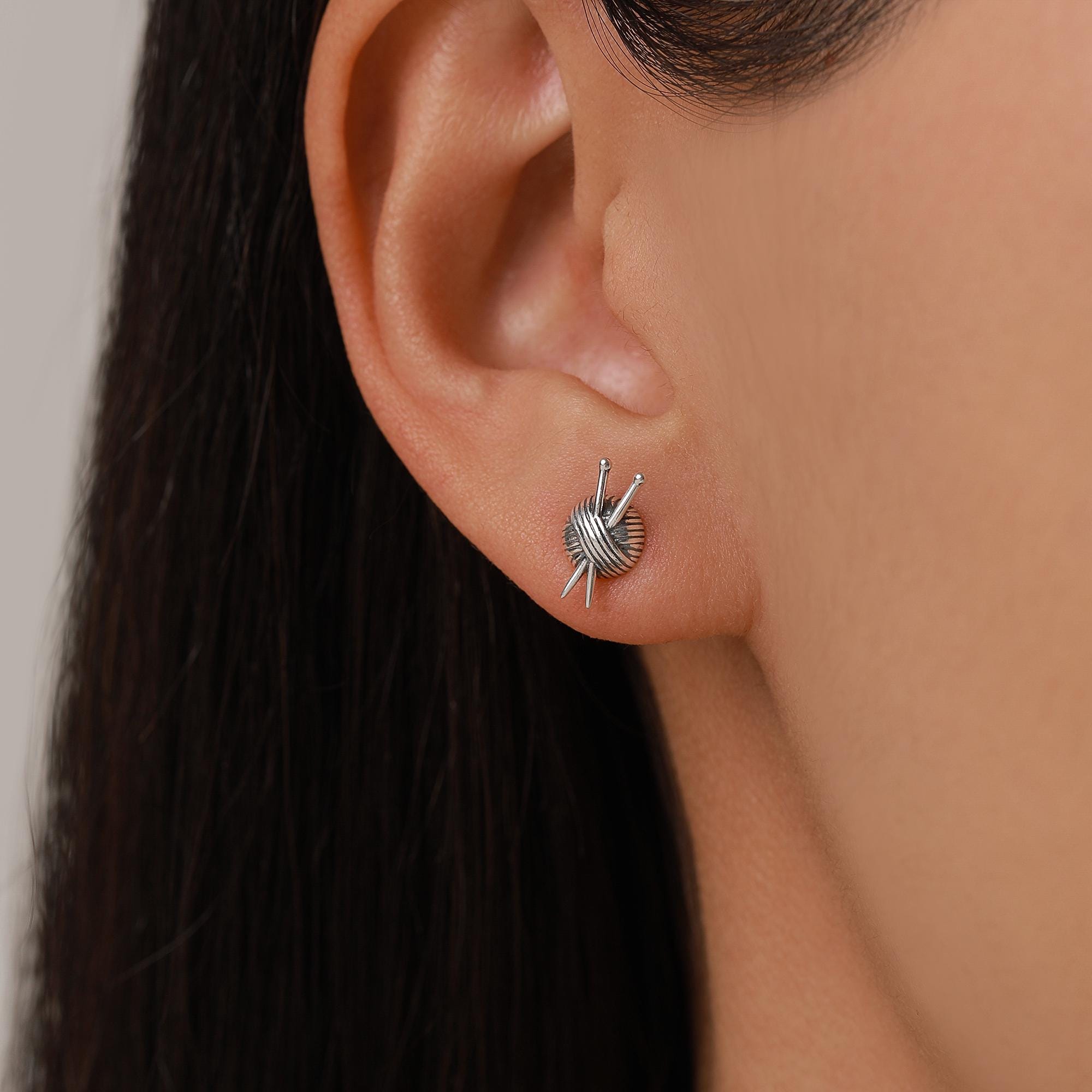 Sterling Silver Knitting Yarn Ball Stud Earrings
