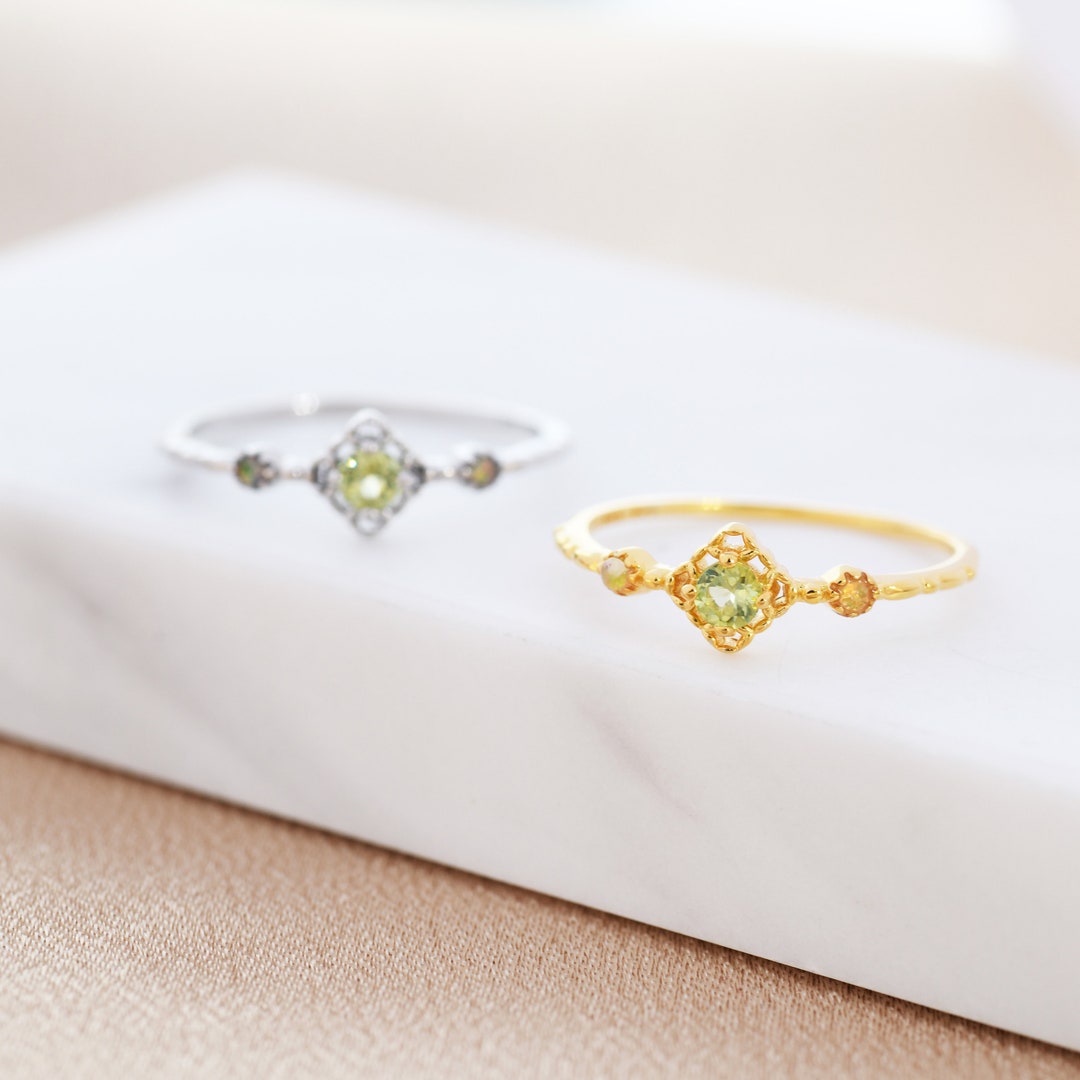 Natural Peridot and Opal Ring in Sterling Silver, Silver or Gold, Natural Semiprecious Peridot