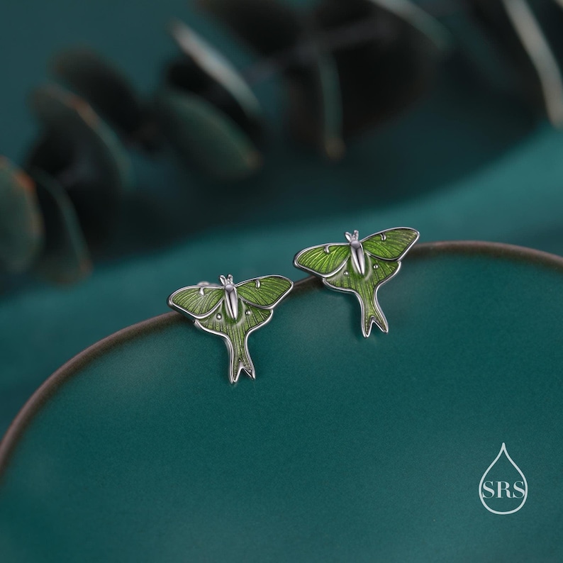 Lunar Moth Enamel Flat Back / Screw Back/ Stud Earrings in Sterling Silver, Green Enamel Butterfly Earrings, Nature-Inspired Animal Earring