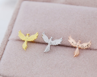 Sterling Silver Phoenix Bird Stud Earrings,  Silver, Gold or Rose Gold,  Dainty Phoenix Earrings