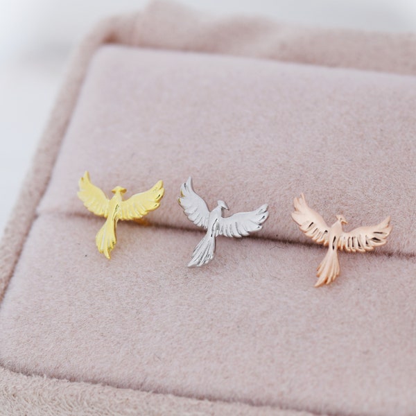 Boucles d'oreilles Sterling Silver Phoenix Bird Stud, Argent, Or ou Or Rose, Boucles d'oreilles Dainty Phoenix